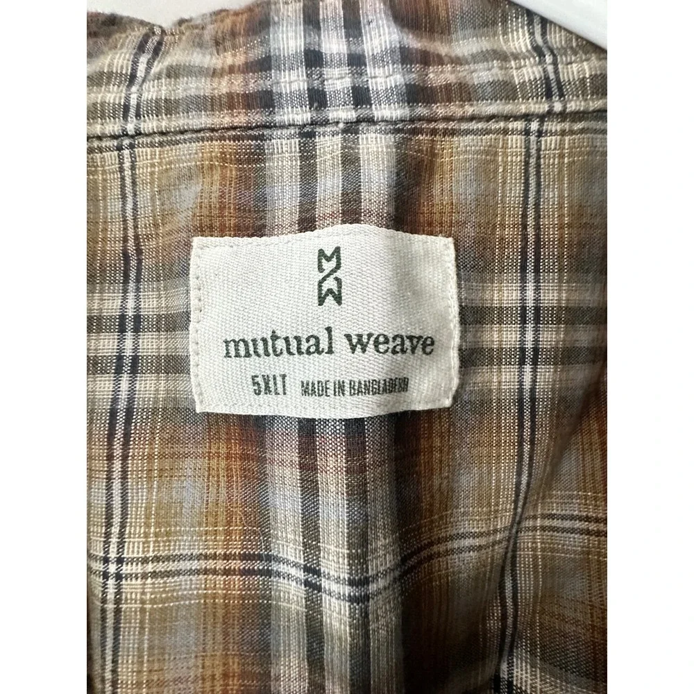 Mutual Weave Mens 5XLT Plaid Short Sleeve Button Down Shirt Brown Tan Stretch